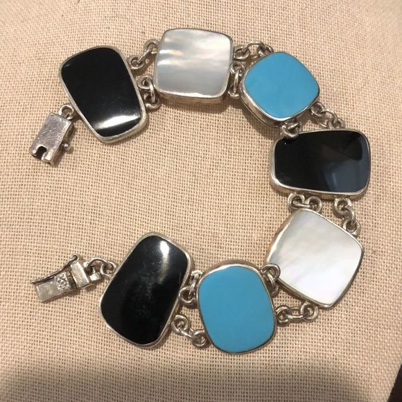 Sterling Silver Mother of Pearl Black & Turquoise Cabochon Linked Bracelet - Picture 3 of 10
